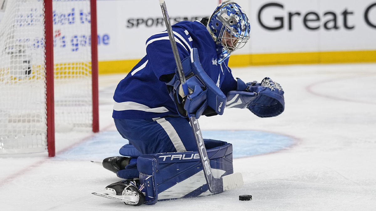 Toronto Maple Leafs goaltender Anthony Stolarz (41) stops the puck against the Florida Panthers during the second period of the second round of the 2025 Stanley Cup Playoffs at Scotiabank Arena.