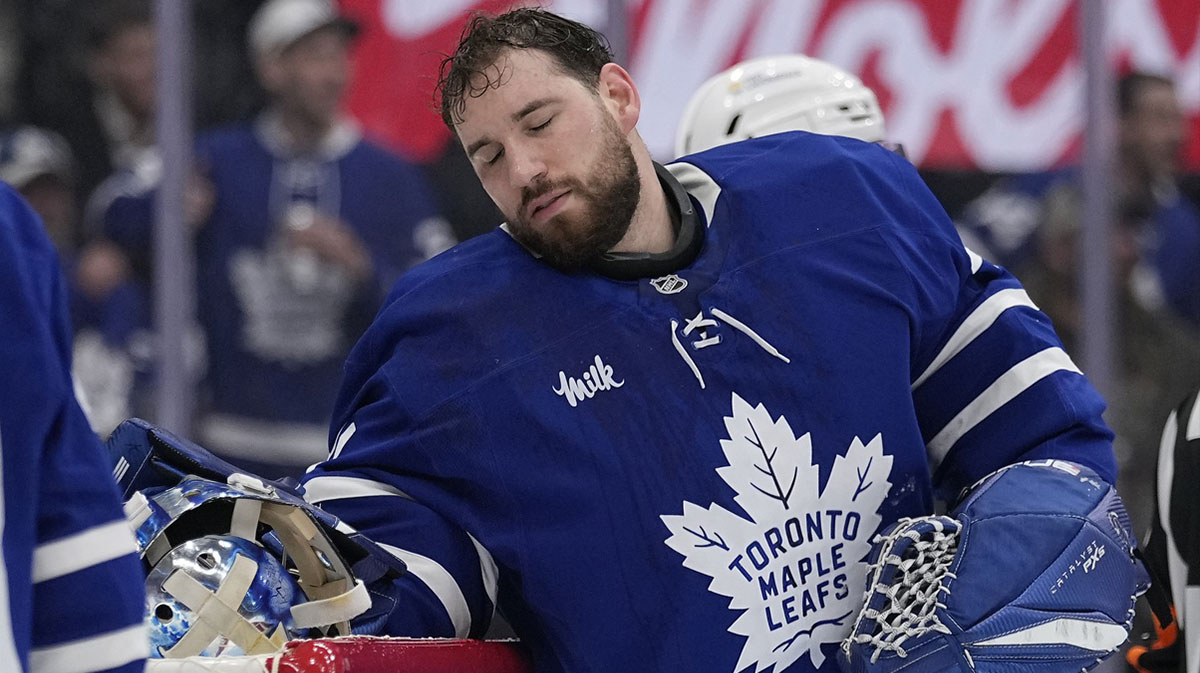 Toronto Maple Leafs goaltender Anthony Stolarz (41) reacts after being hit by Florida Panthers forward Sam Bennett (not pictured) during the second period of the second round of the 2025 Stanley Cup Playoffs at Scotiabank Arena.