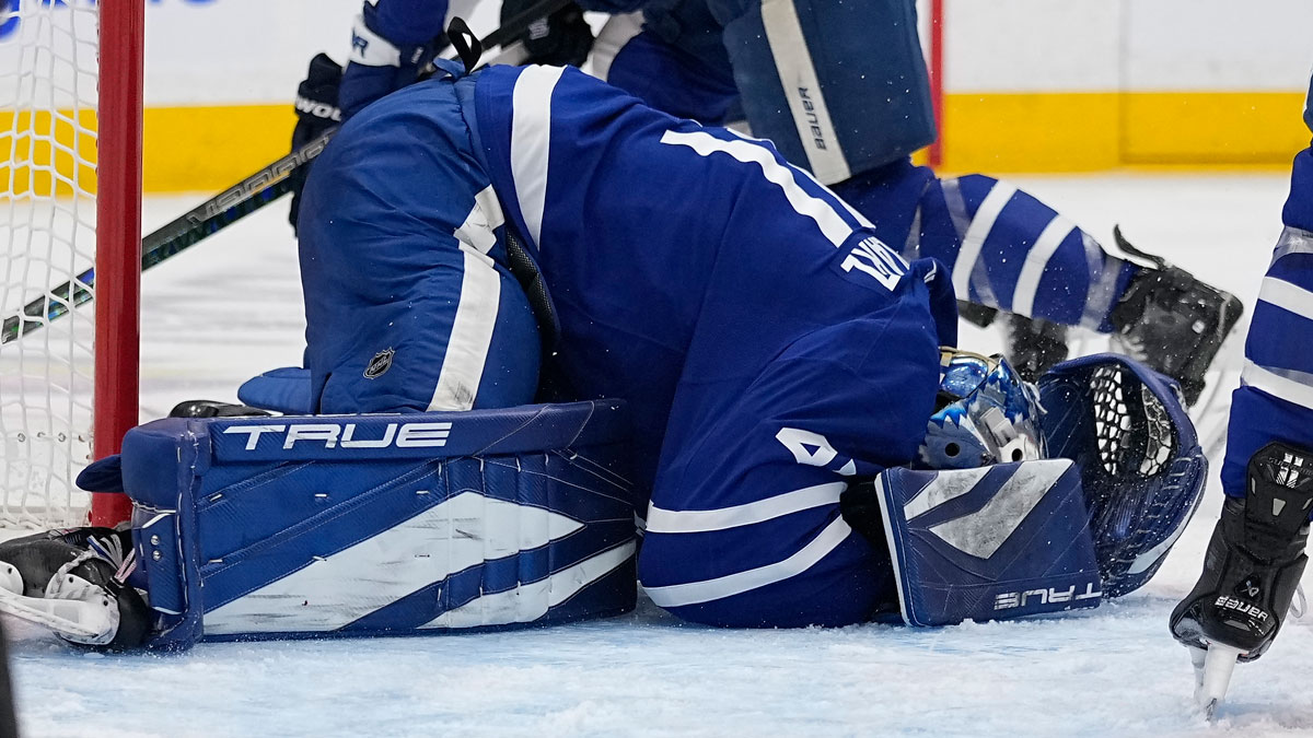 Toronto Maple Leafs goaltender Anthony Stolarz (41) grabs his head after a collission with Florida Panthers forward Sam Bennett (not pictured) during the second period in game one of the second round of the 2025 Stanley Cup Playoffs at Scotiabank Arena.