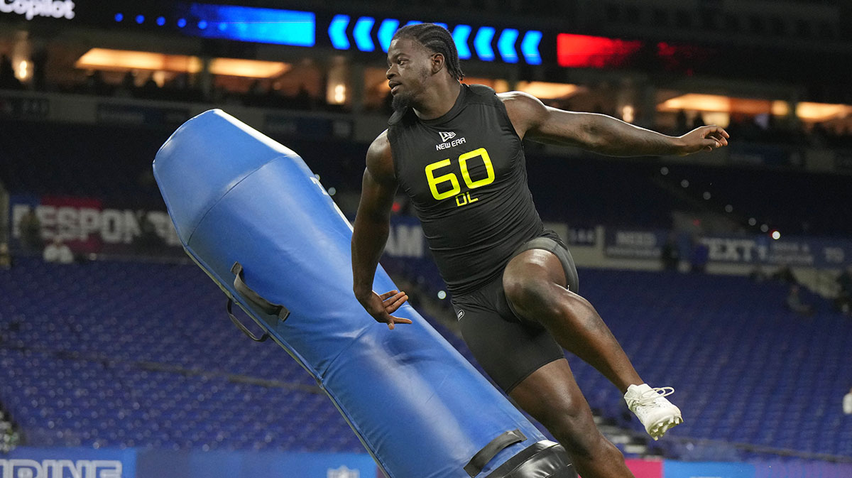 Virginia Tech defensive lineman Antwaun Powell-Ryland (DL60) participates in drills during the 2025 NFL Combine at Lucas Oil Stadium.