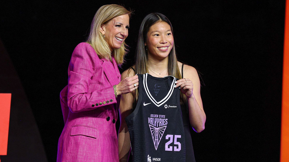 Kaitlyn Chen poses with WNBA commissioner Cathy Engelbert after being selected with the number thirty overall pick to the Golden State Valkyries in the 2025 WNBA Draft at The Shed at Hudson Yards.