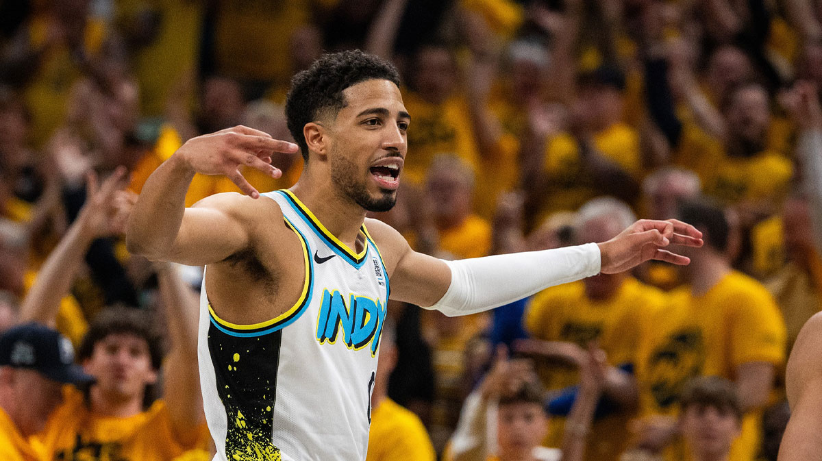 Indiana Pacers guard Tyrese Haliburton (0) celebrates a made basket during game five of the first round for the 2024 NBA Playoffs against the Milwaukee Bucks at Gainbridge Fieldhouse.