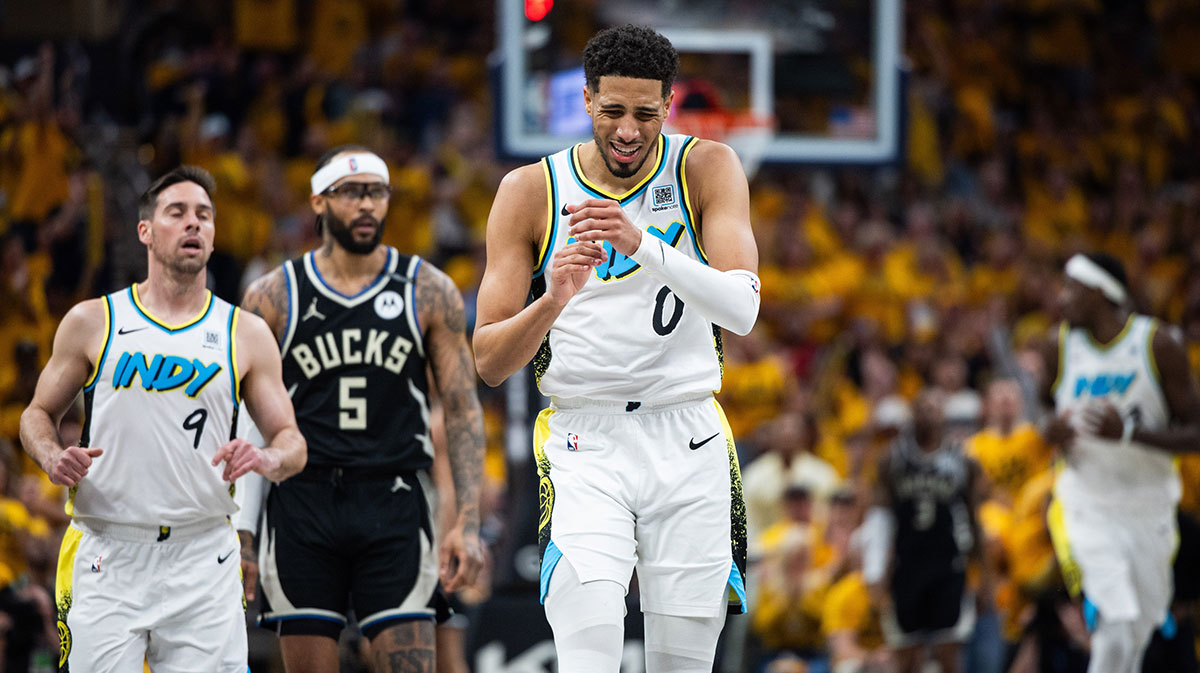 Indiana Pacers guard Tyrese Haliburton (0) reacts to a missed shot during game five of the first round for the 2024 NBA Playoffs against the Milwaukee Bucks at Gainbridge Fieldhouse.