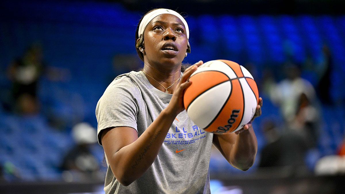 Dallas Wings guard Arike Ogunbowale (24) warms up before the game between the Wings and the Seattle Storm at College Park Center.
