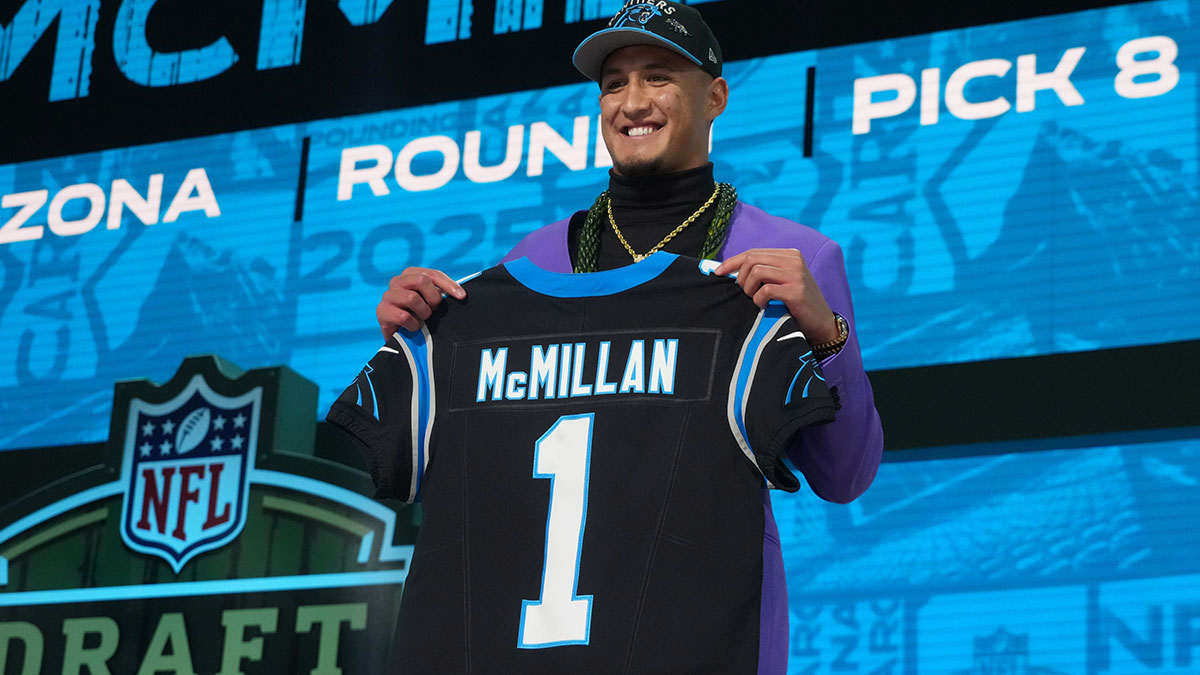 Arizona Wildcats wide receiver Tetairoa McMillan is selected by the Carolina Panthers as the number eight pick in the first round of the 2025 NFL Draft at Lambeau Field.
