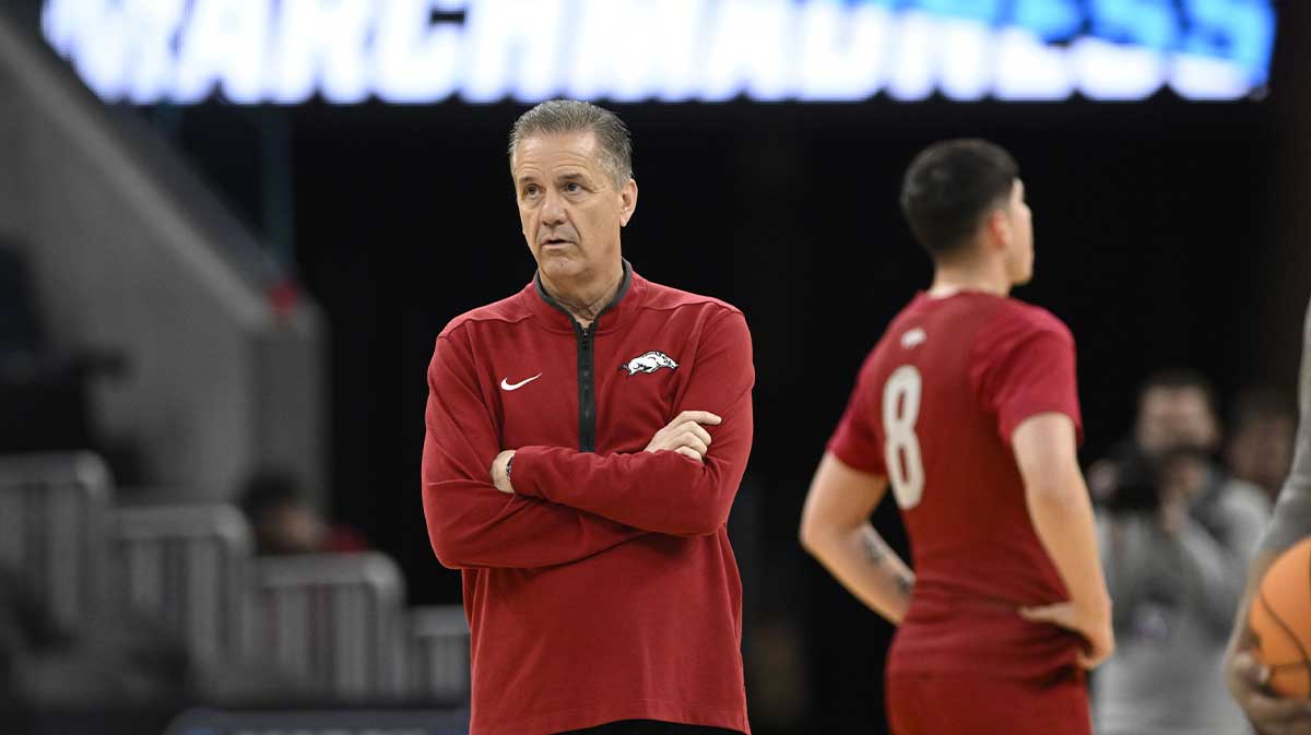 Arkansas Razorbacks head coach John Calipari watches during NCAA Tournament West Regional Practice at Chase Center.