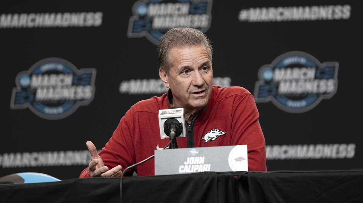 Arkansas Razorbacks head coach John Calipari addresses the media in a press conference during NCAA Tournament West Regional Practice at Chase Center.
