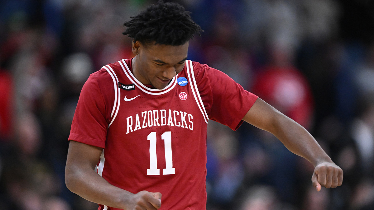 Arkansas Razorbacks forward Karter Knox (11) celebrates during the second half of a second round men’s NCAA Tournament game against the St. John's Red Storm at Amica Mutual Pavilion.