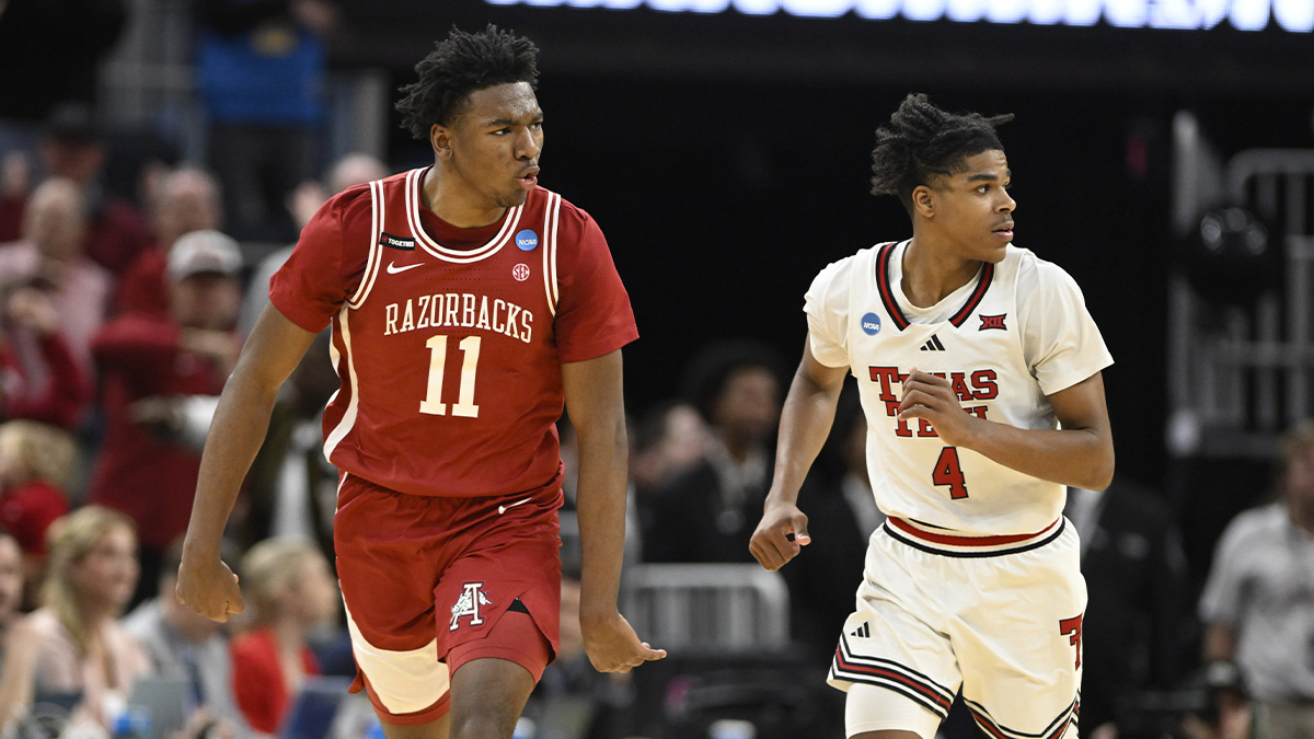 Arkansas Razorbacks forward Karter Knox (11) reacts after shooting a three point basket during the second half against the Texas Tech Red Raiders during a West Regional semifinal of the 2025 NCAA tournament at Chase Center.