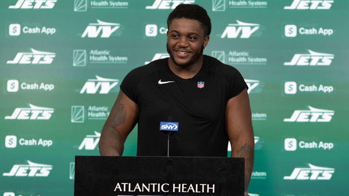 May 9, 2025; Florham Park, NJ, USA; New York Jets rookie offensive tackle Armand Membou (70) takes questions from the media during the minicamp at Atlantic Health Jets Training Center. Mandatory Credit: Thomas Salus-Imagn Images