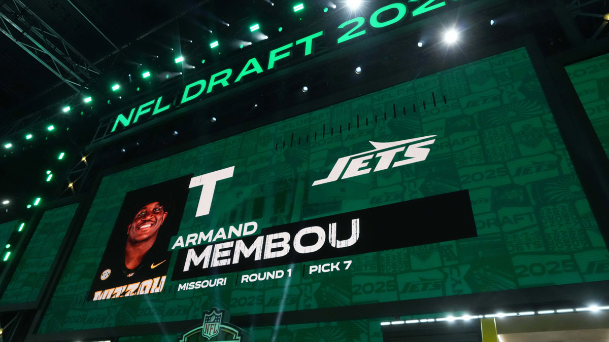 Apr 24, 2025; Green Bay, WI, USA; Missouri Tigers tackle Armand Membou is selected as the No.. 7 pick by the New York Jets during the NFL Draft at Lambeau Field.