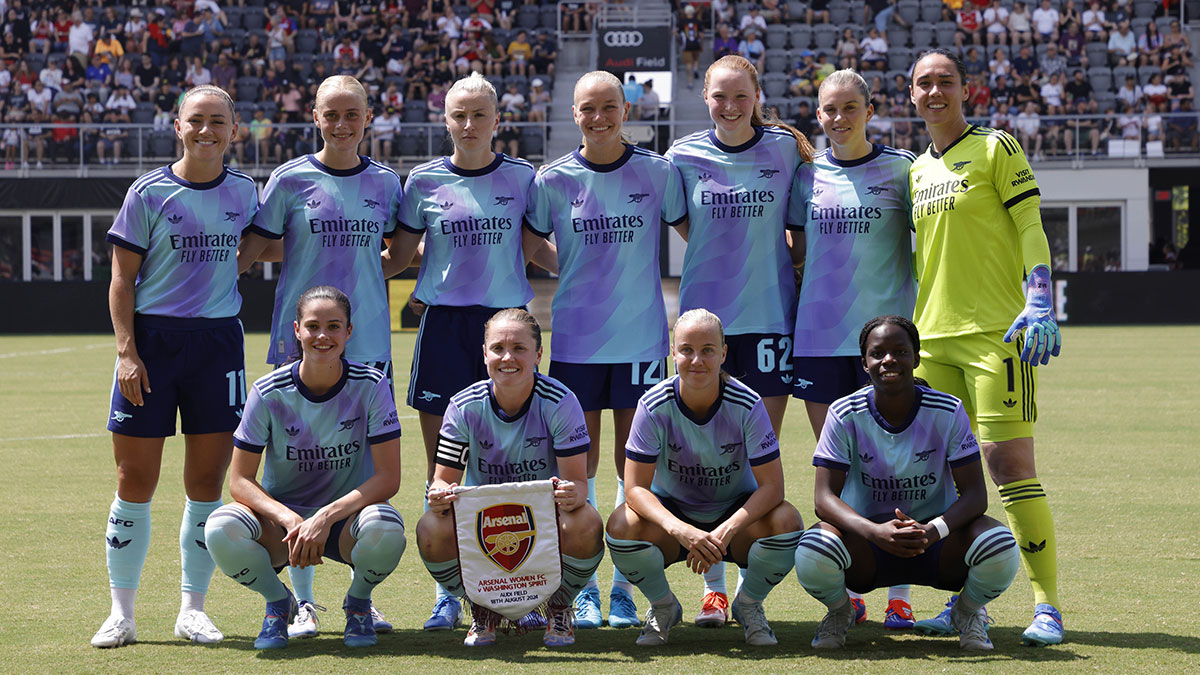 The Arsenal FC starting eleven pose for a picture prior to their friendly against Washington Spirit at Audi Field.