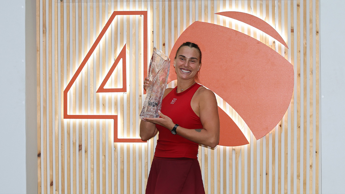 Aryna Sabalenka poses for a portrait with the Butch Buchholz trophy after her match against Jessica Pegula (USA)(not pictured) in the women's singles championship of the Miami Open at Hard Rock Stadium.