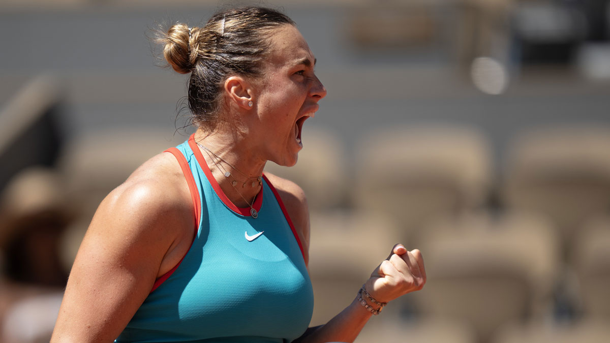 Aryna Sabalenka reacts to a point during her match against Olga Danilovic of Serbia on day six at Roland Garros Stadium.