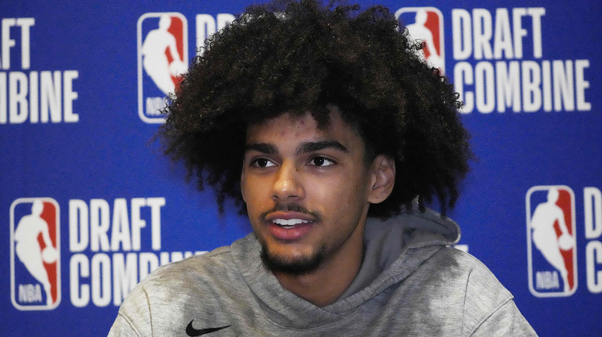 Asa Newell talks to the media during the 2025 NBA Draft Combine at Marriott Marquis Chicago.
