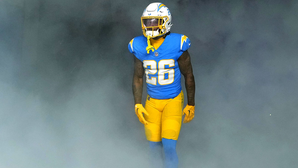 Los Angeles Chargers cornerback Asante Samuel Jr. (26) enters the field before the game against the Buffalo Bills at SoFi Stadium. 