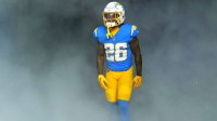 Los Angeles Chargers cornerback Asante Samuel Jr. (26) enters the field before the game against the Buffalo Bills at SoFi Stadium.