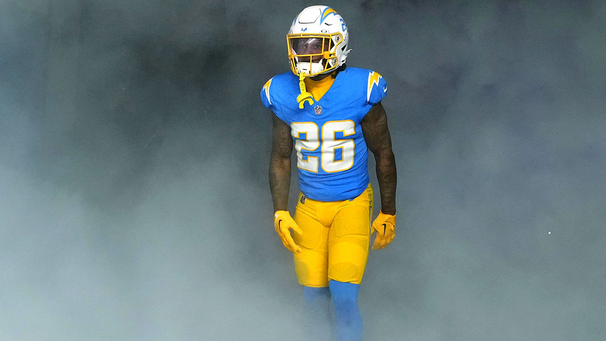 Dec 23, 2023; Inglewood, California, USA; Los Angeles Chargers cornerback Asante Samuel Jr. (26) enters the field before the game against the Buffalo Bills at SoFi Stadium. Mandatory Credit: Kirby Lee-Imagn Images