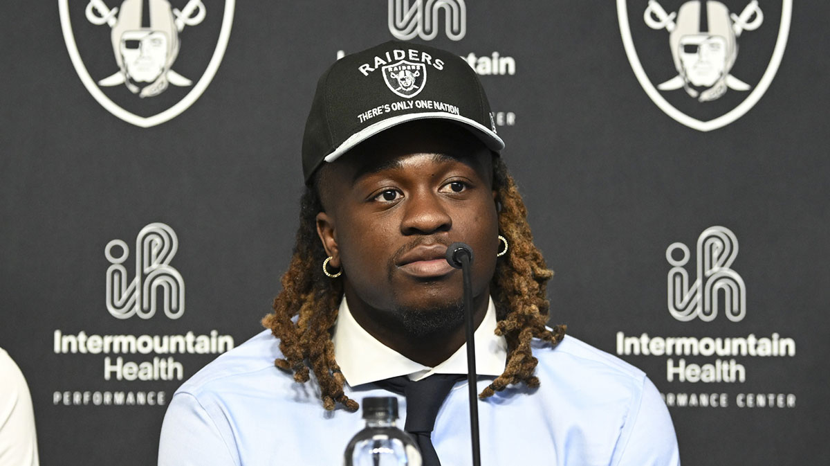 Las Vegas Raiders first round draft pick in the 2025 NFL Draft Ashton Jeanty, speaks to the media at Intermountain Health Performance Center.