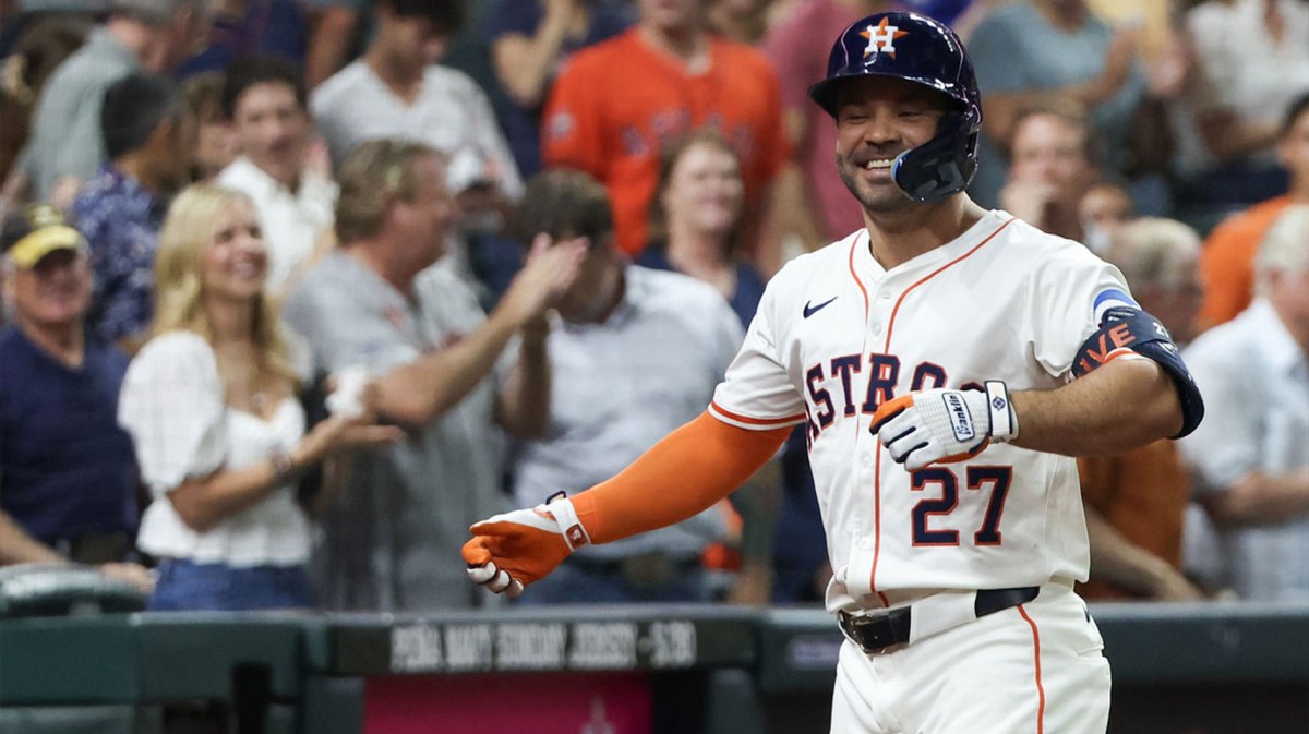 Houston Astros designated hitter Jose Altuve (27) reacts to his home run against there Athletics in the fourth inning at Daikin Park.