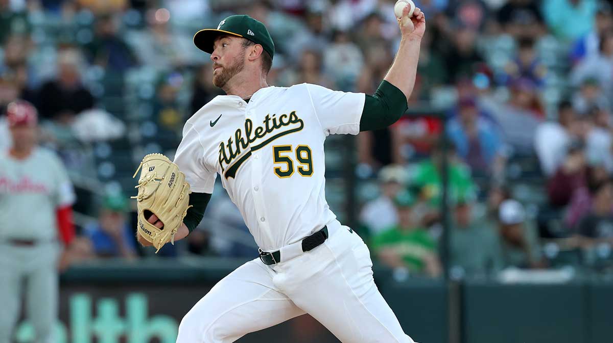 Athletics pitcher Jeffrey Springs (59) throws a pitch against the Philadelphia Phillies during the first inning at Sutter Health Park.