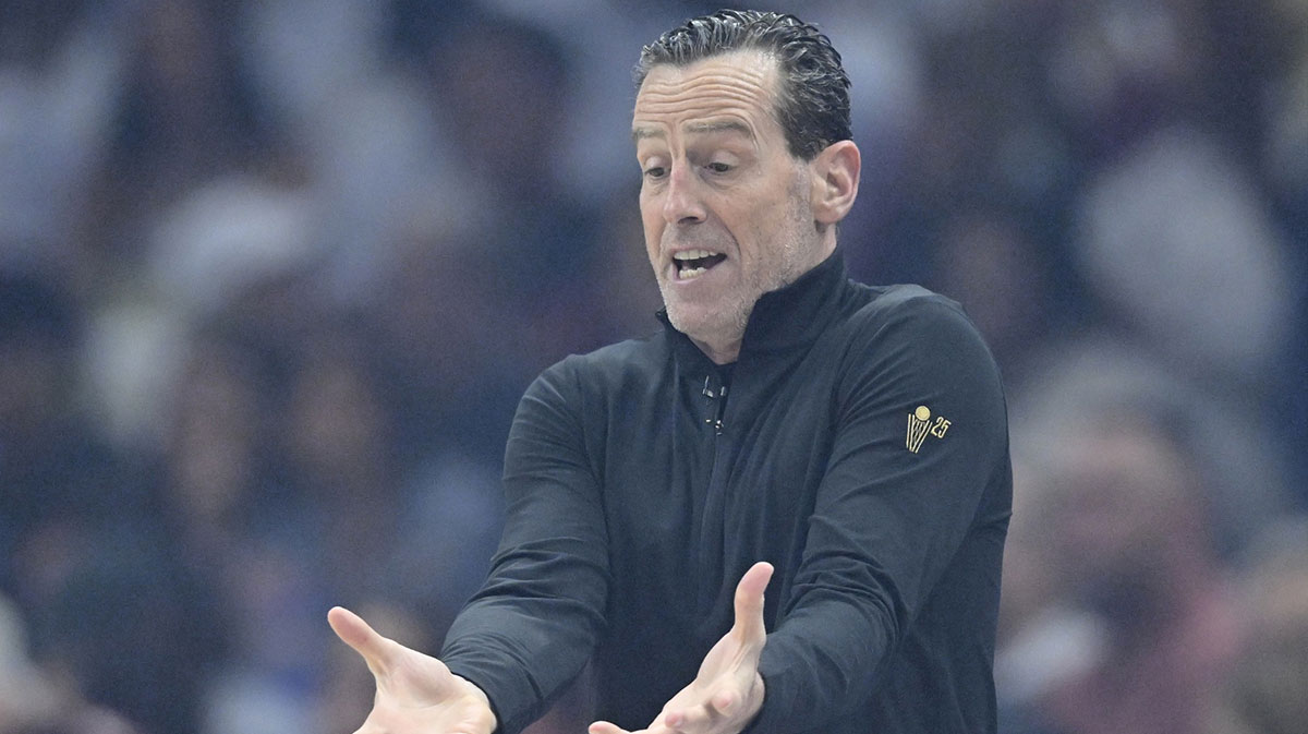 Cleveland Cavaliers head coach Kenny Atkinson reacts in the first quarter against the Indiana Pacers during game two of the second round of the 2025 NBA Playoffs at Rocket Arena.