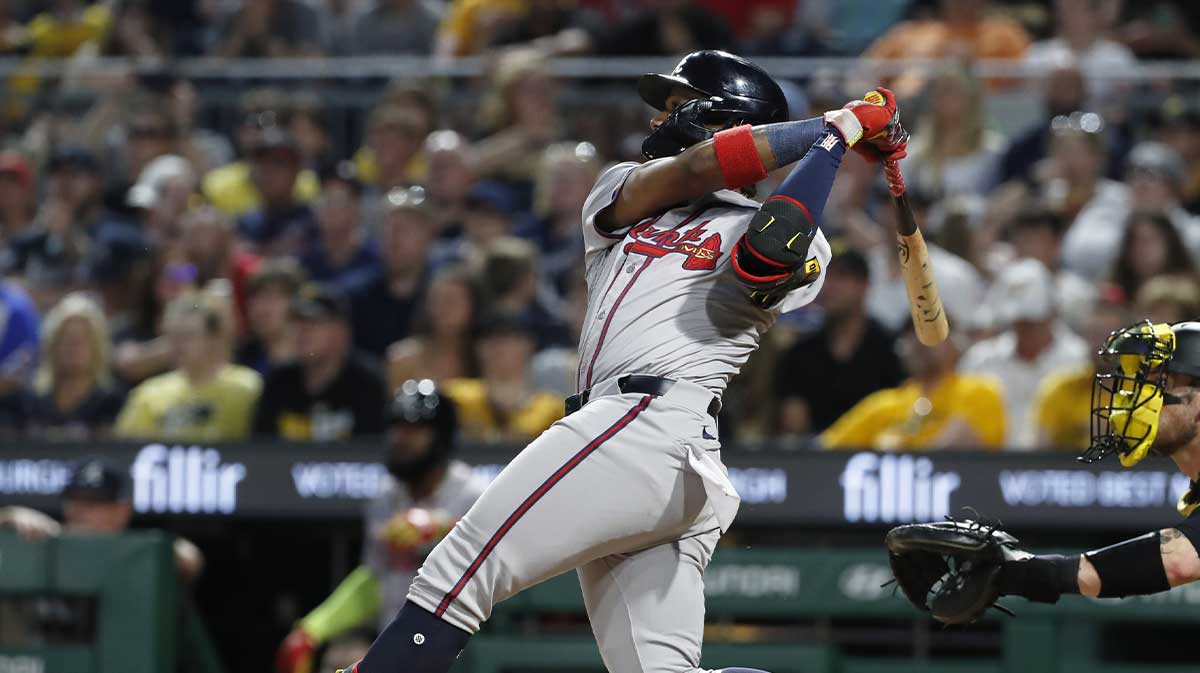 Atlanta Braves right fielder Ronald Acuna Jr. (13) hits a three-run home run against the Pittsburgh Pirates during the eighth inning at PNC Park.