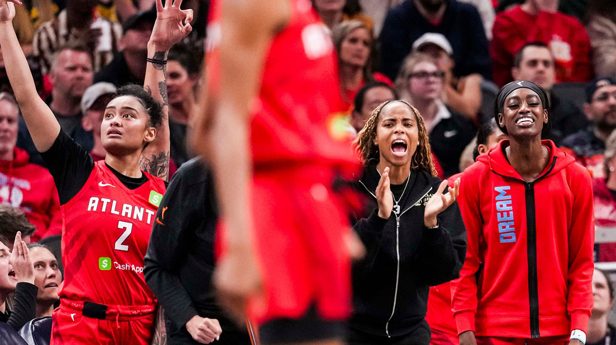 The Atlanta Dream celebrate a play Tuesday, May 20, 2025, during a game between the Indiana Fever and the Atlanta Dream at Gainbridge Fieldhouse in Indianapolis. The Atlanta Dream defeated the Indiana Fever, 91-90.