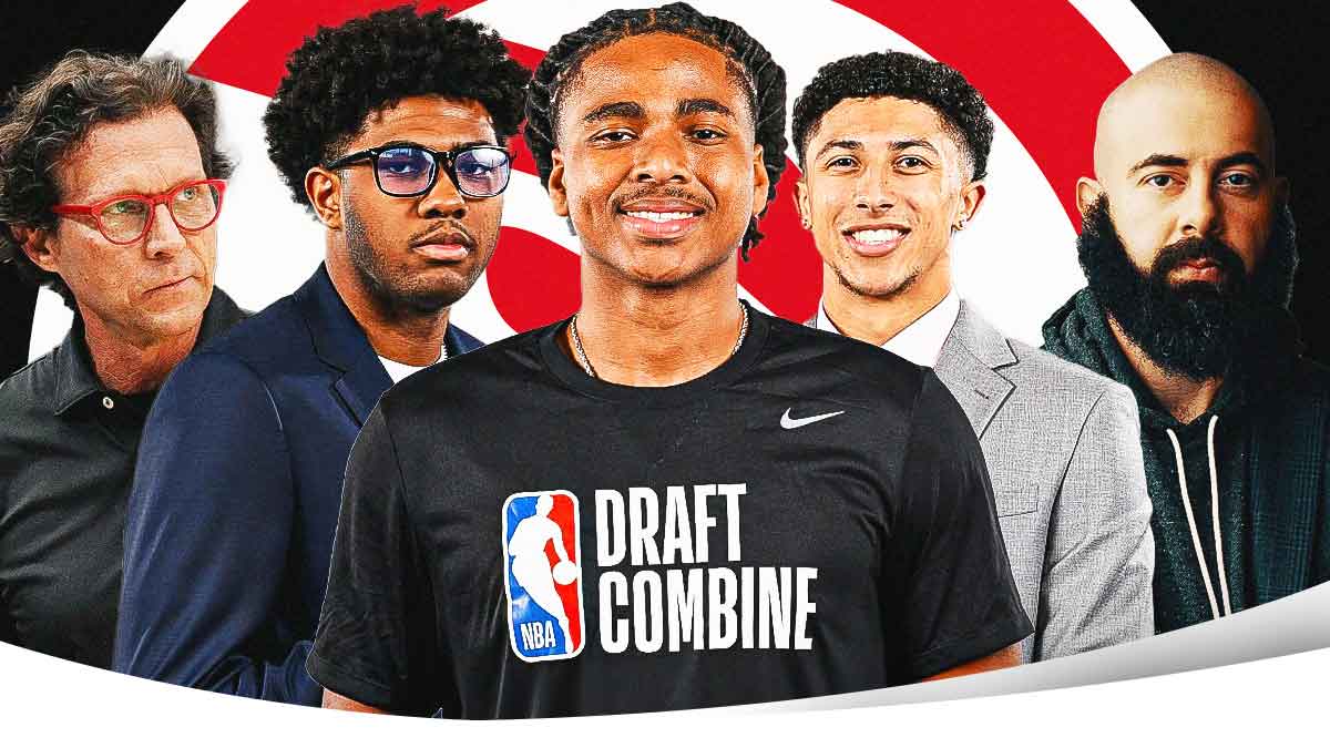 Jase Richardson, Collin Murray-Boyles, Nique Clifford in the middle, Head coach Quin Snyder, and GM Onsi Saleh around them, Atlanta Hawks wallpaper in the background