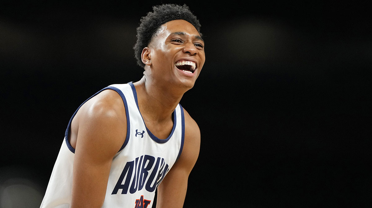 Auburn Tigers guard Tahaad Pettiford (0) during a practice session for the Final Four of the 2025 NCAA tournament at Alamodome.