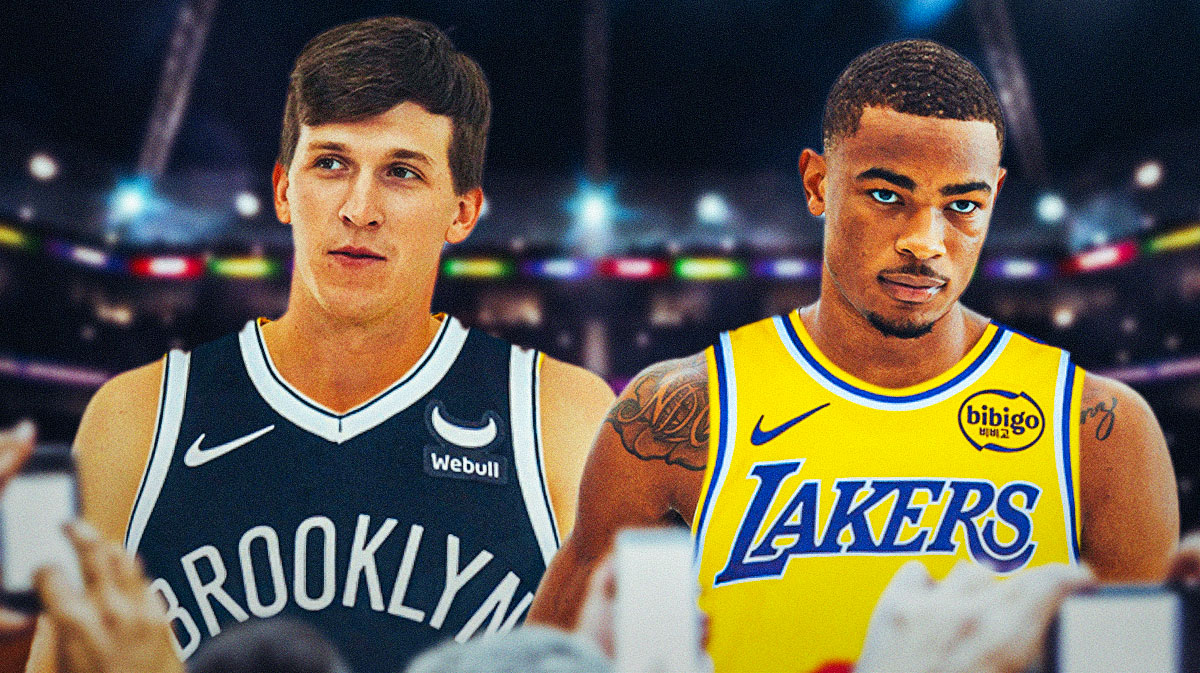 Austin Reaves photoshopped in Nets jersey, Nic Claxton photoshopped in Lakers jersey.