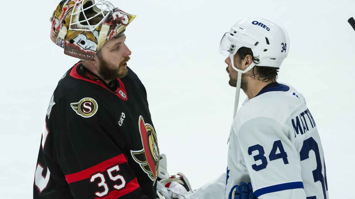 Ottawa Senators goalie Linus Ullmark (35) shakes hands with Toronto Maple Leafs center Auston Matthews (34) following the Toronto Maple Leafs win in game six of the first round of the 2025 Stanley Cup Playoffs at Canadian Tire Centre.