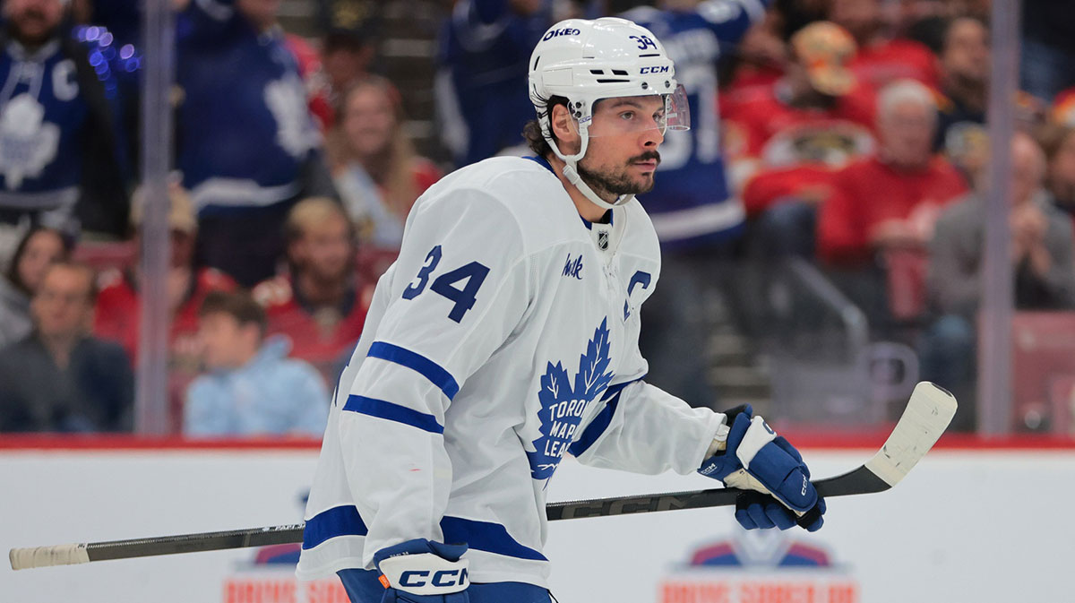 Toronto Maple Leafs center Auston Matthews (34) looks on after scoring against the Florida Panthers during the third period in game six of the second round of the 2025 Stanley Cup Playoffs at Amerant Bank Arena.