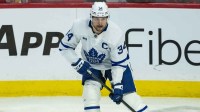 Toronto Maple Leafs center Auston Matthews (34) skates with the puck in game six of the first round of the 2025 Stanley Cup Playoffs against the Ottawa Senators at Canadian Tire Centre.