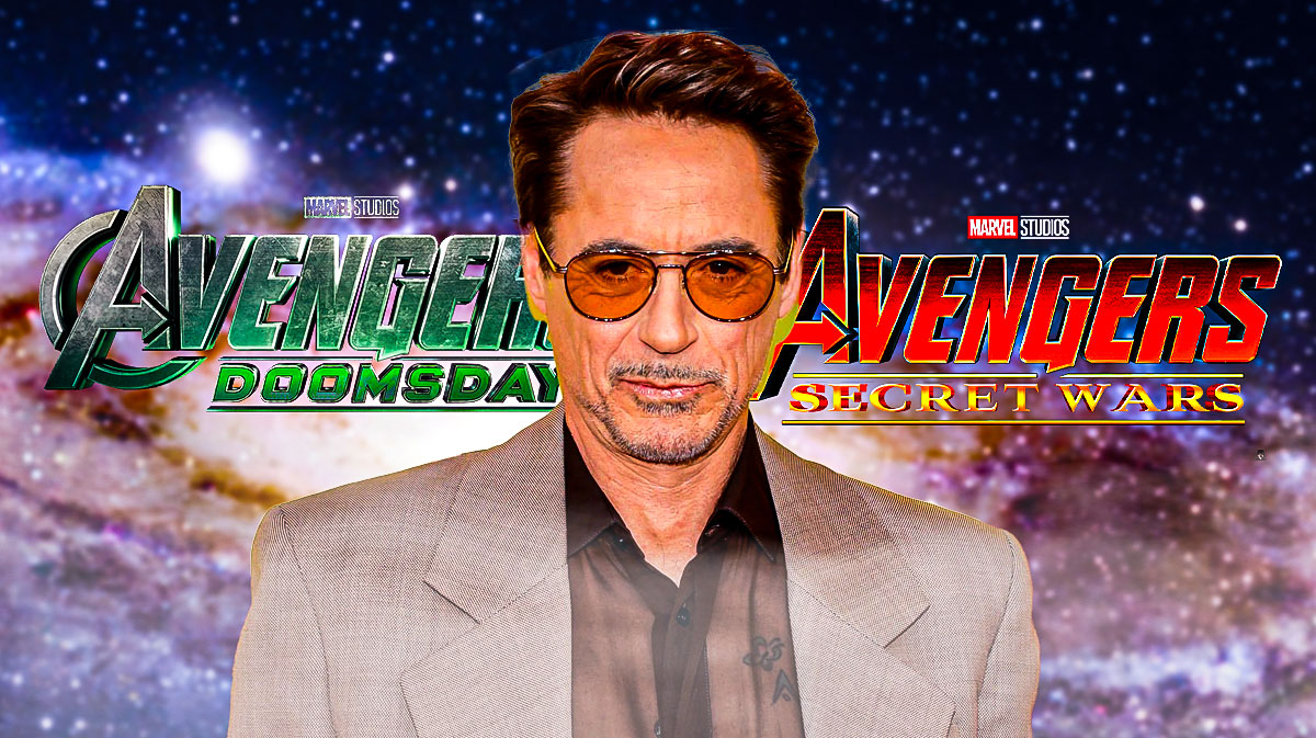 Robert Downey Jr with Marvel Studios Avengers movies Doomsday and Secret Wars logos, which both had their releases dates delayed.