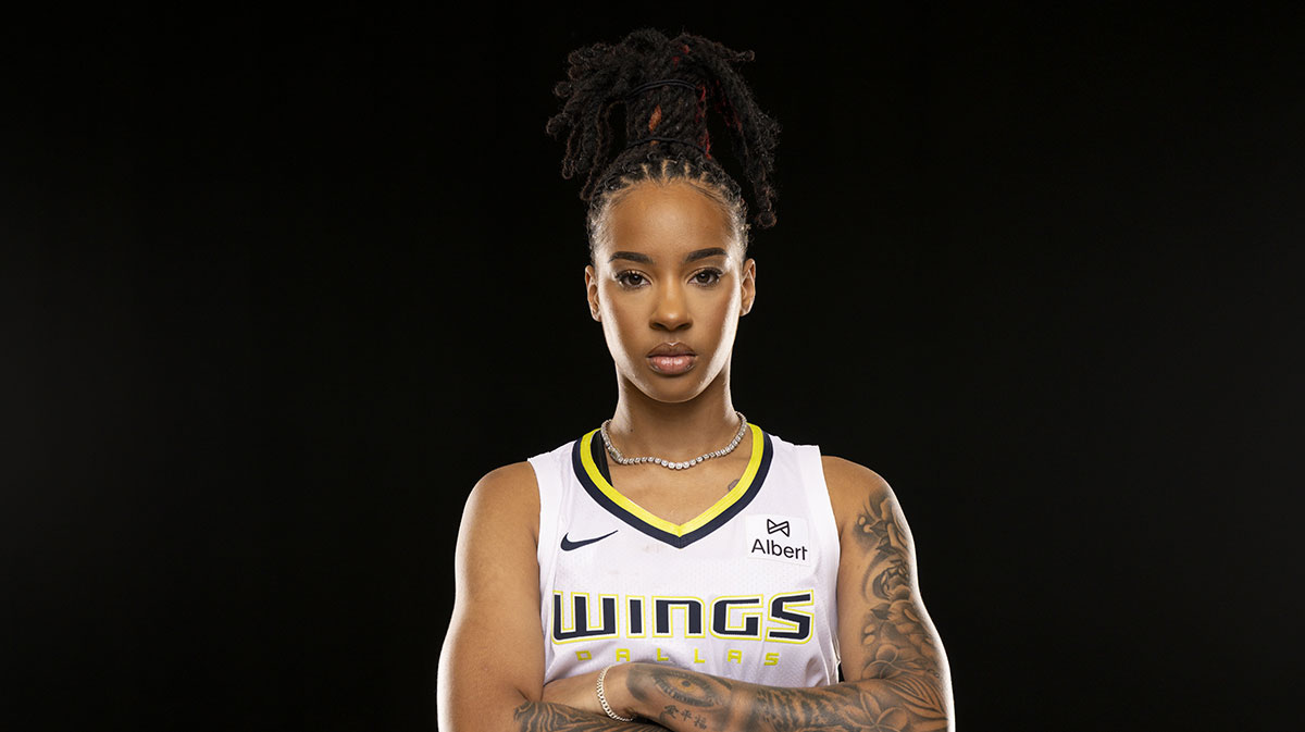 Dallas Wings guard Aziaha James poses for a photo during the 2025 Dallas Wings Media Day.