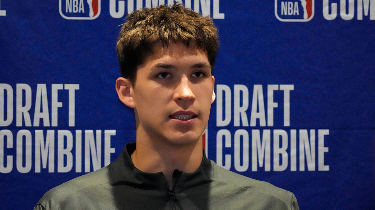 Egor Demin talks to the media during the 2025 NBA Draft Combine at Marriott Marquis Chicago.