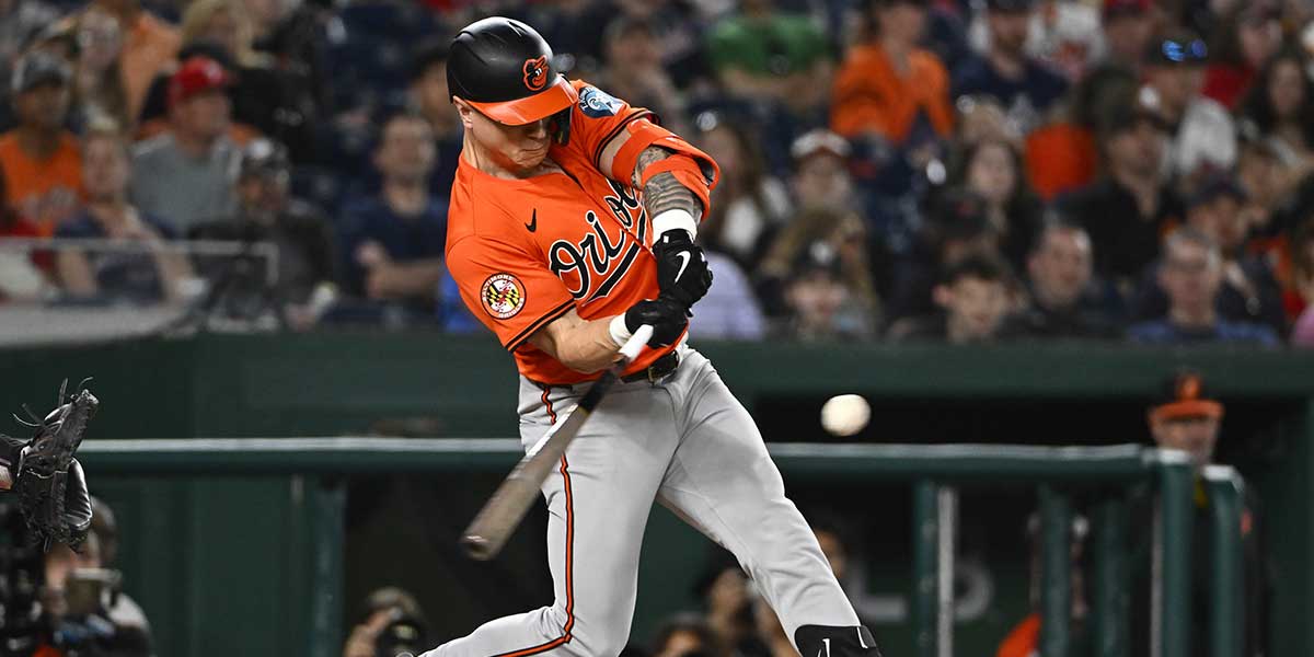 Baltimore Orioles outfielder Tyler O'Neill (9) hits a RBI sacrifice fly against the Washington Nationals during the seventh inning at Nationals Park.