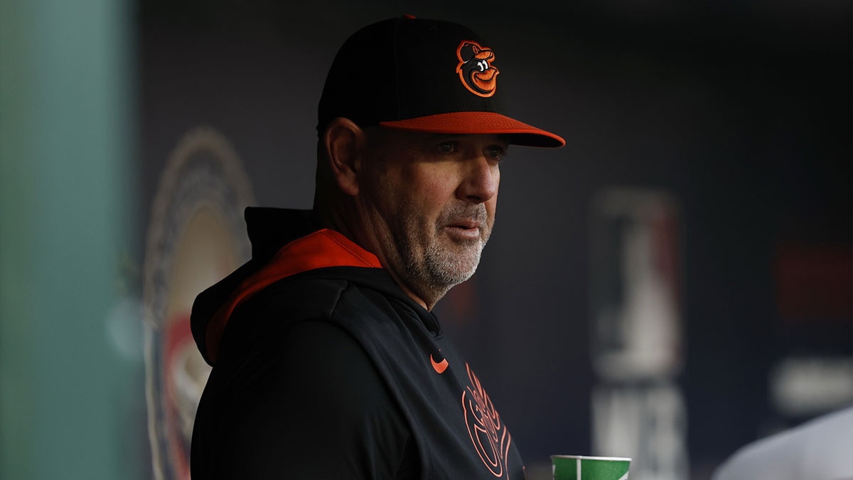 Baltimore Orioles manager Brandon Hyde stands in the dugout prior to the start of the game against the Washington Nationals at Nationals Park.