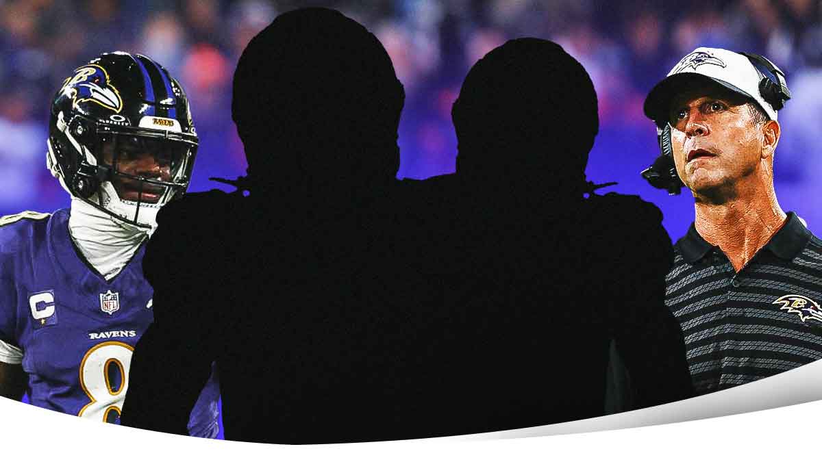 Two mystery players in the middle, Lamar Jackson and coach John Harbaugh around them, Baltimore Ravens wallpaper in the background