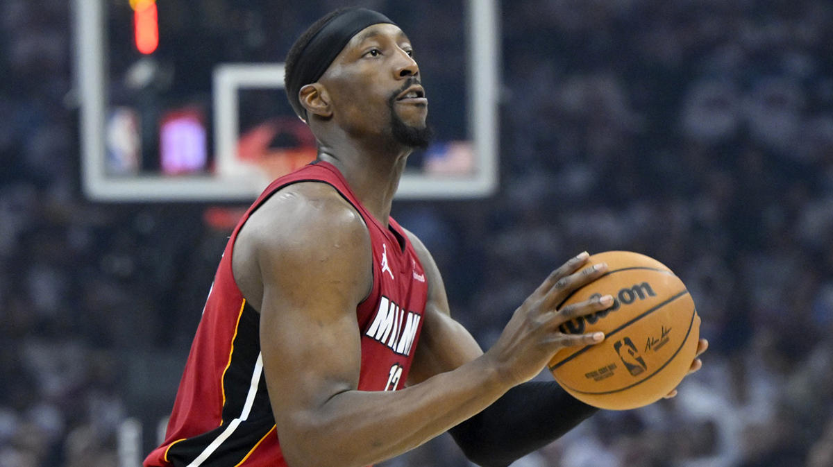 Miami Heat center Bam Adebayo (13) looks to shoot in the first quarter against the Cleveland Cavaliers at Rocket Arena.
