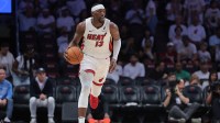Miami Heat center Bam Adebayo (13) dribbles the basketball against the Cleveland Cavaliers in the third quarter during game three for the first round of the 2025 NBA Playoffs at Kaseya Center.