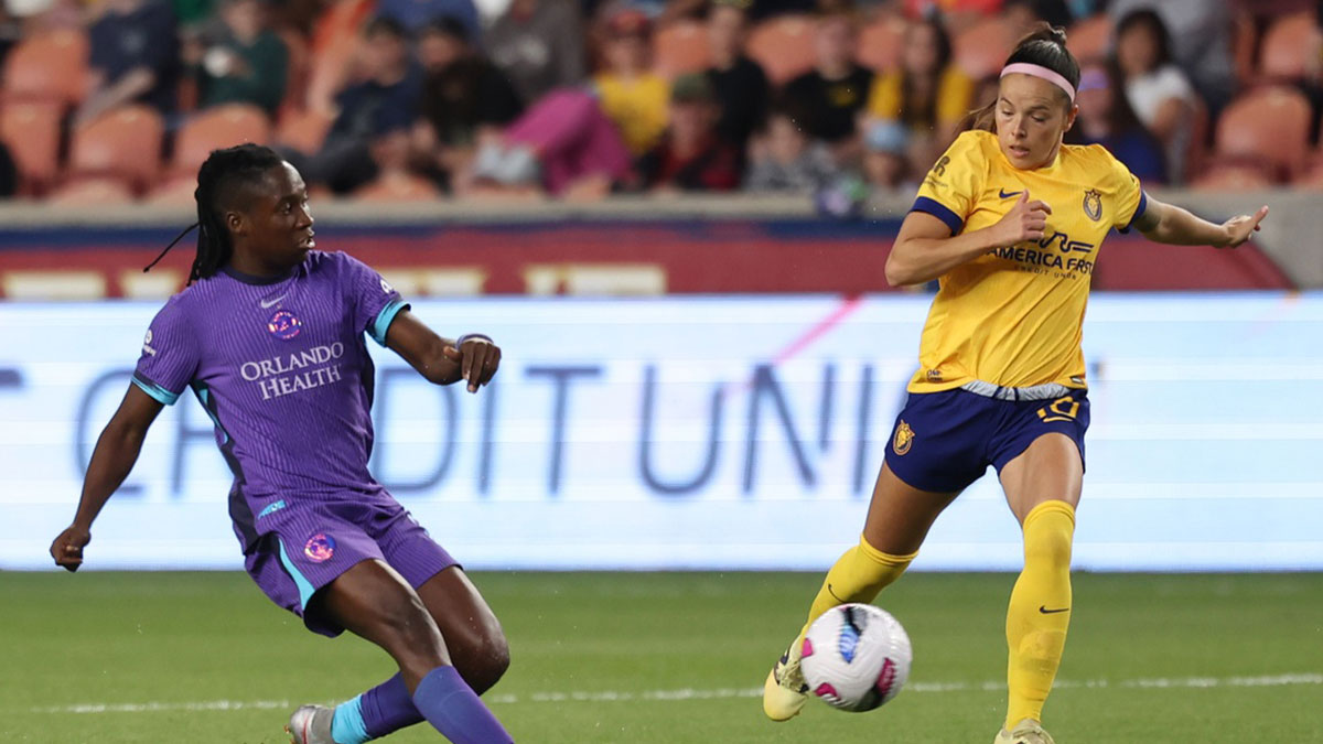 Orlando Pride forward Barbra Banda (22) shoots past Utah Royals FC midfielder Claudia Zornoza (10) during the second half at America First Field.