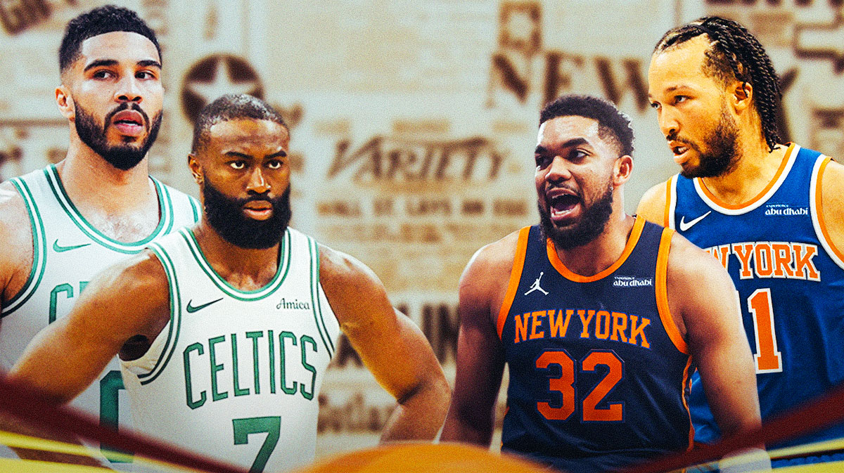 A newspaper as the background, Jayson Tatum and Jaylen Brown on one side, Jalen Brunson and Karl-Anthony Towns on the other side