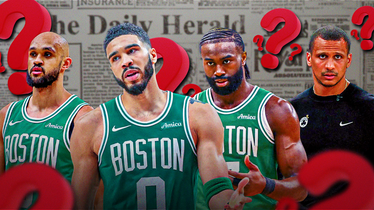 A newspaper as the background, Jayson Tatum and Jaylen Brown in the middle, Derrick White on one side, Joe Mazzulla on the other side, a bunch of question marks behind them