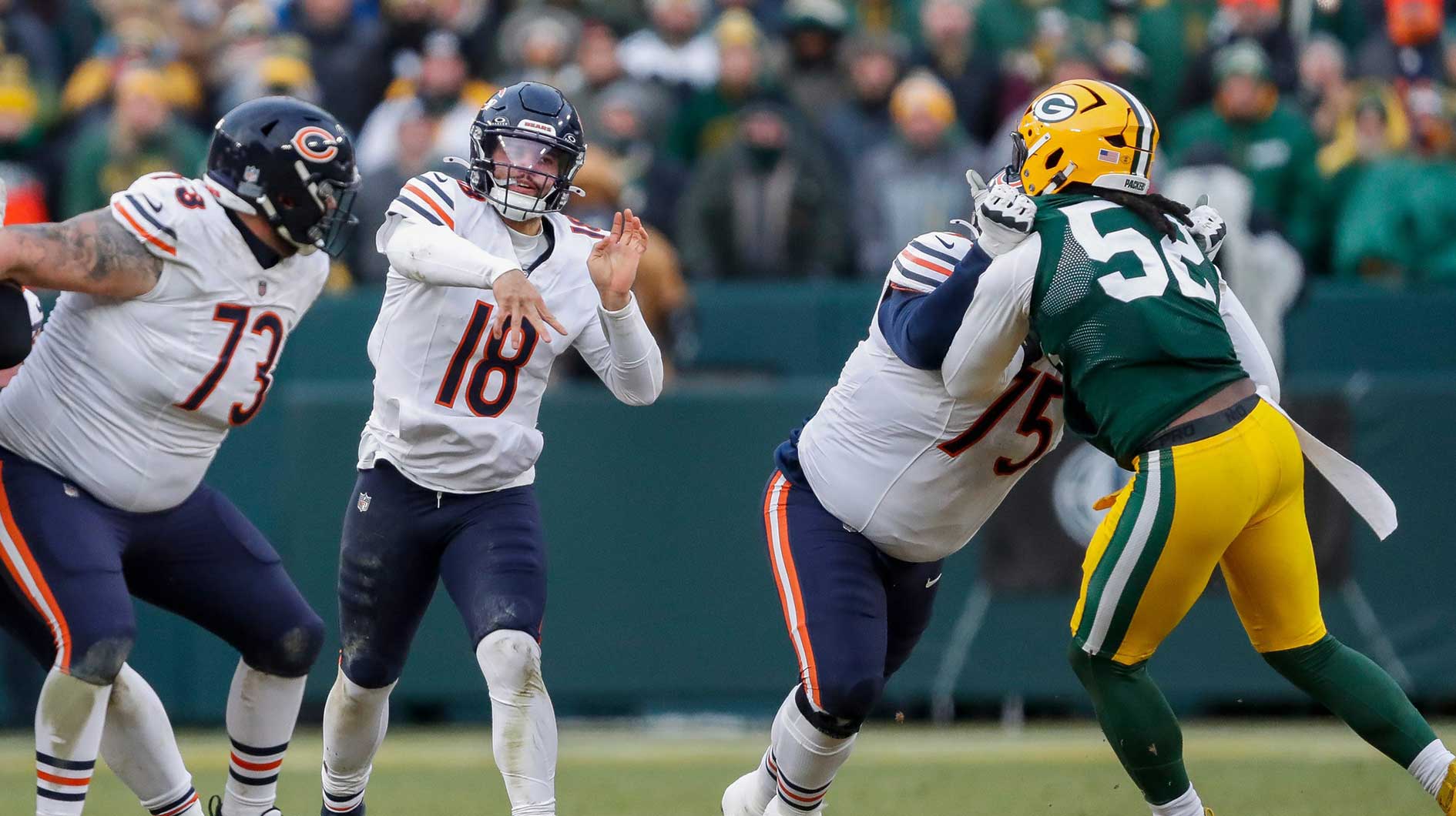Chicago Bears quarterback Caleb Williams (18) passes the ball against the Green Bay Packers on Sunday, January 5, 2025, at Lambeau Field in Green Bay, Wis. The Bears won the game, 24-22, on a 51-yard field goal as time expired.