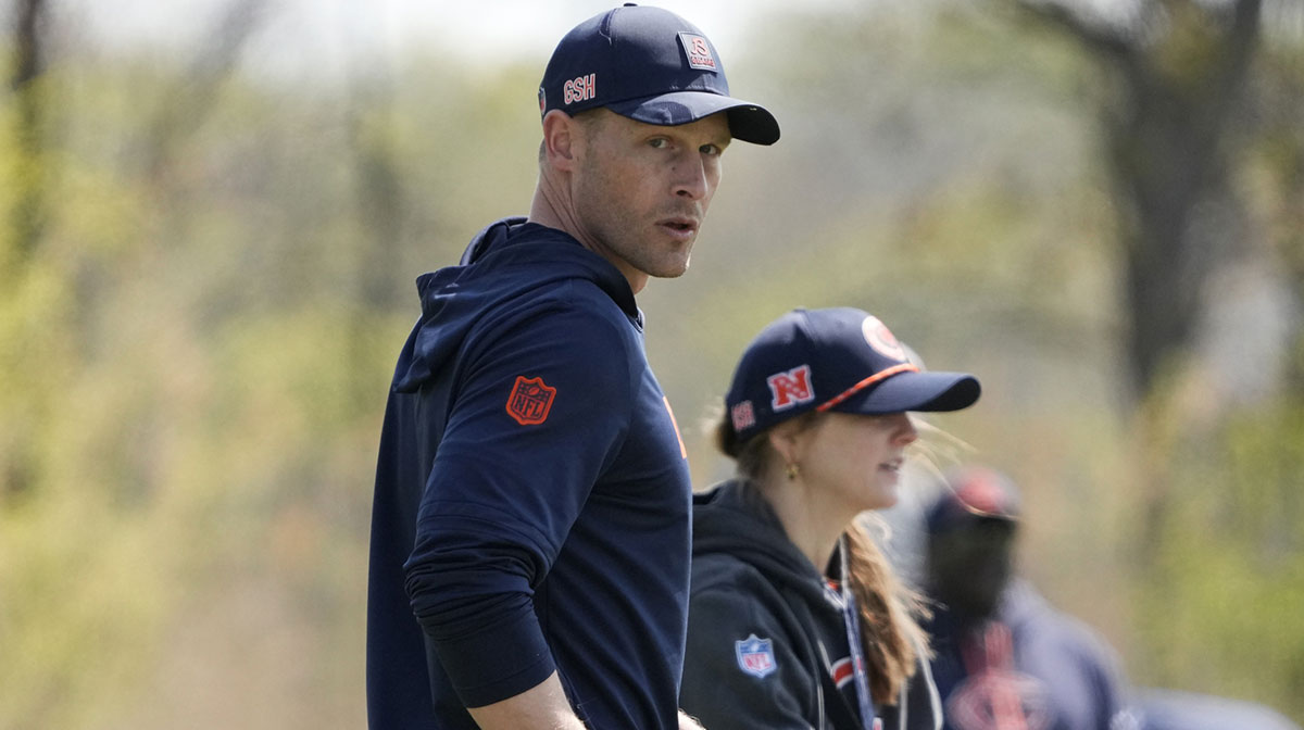 Chicago Bears head coach Ben Johnson walks the field during rookie minicamp at Halas Hall.