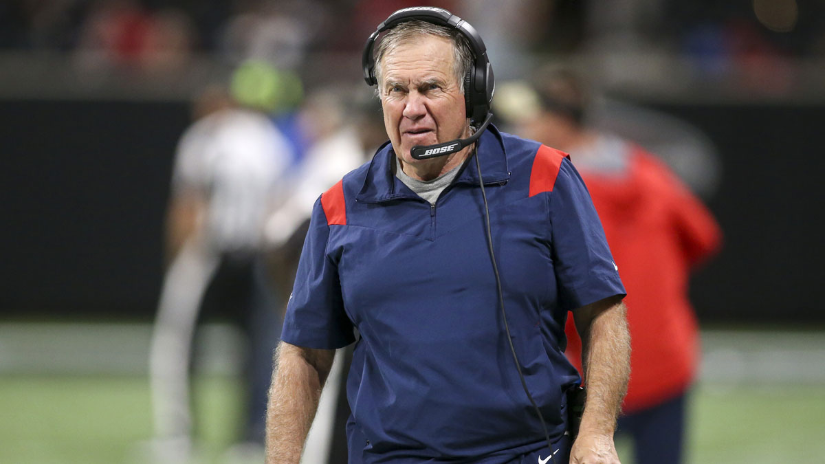 New England Patriots head coach Bill Belichick on the sideline against the Atlanta Falcons in the second half at Mercedes-Benz Stadium.