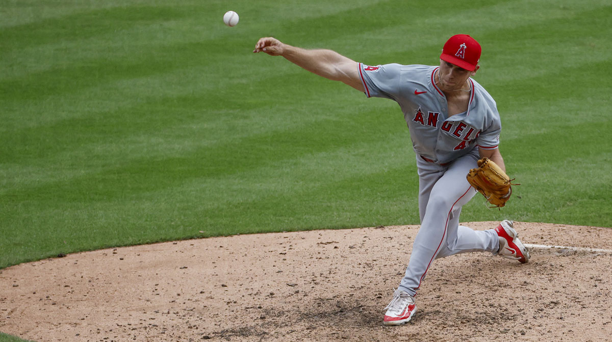 Los Angeles Angels pitcher Ben Joyce (44) pitches in the ninth inning against the Detroit Tigers at Comerica Park.