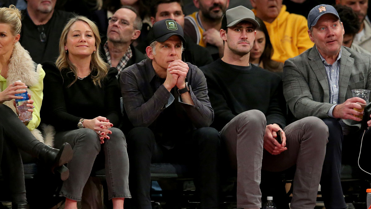Ben Stiller, who was hyped after New York took a 3-1 lead over the Boston Celtics in Game 4, and Daniel Jones at Knicks game.